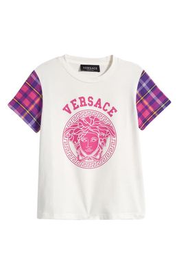 Versace Kids' Tartan Plaid Medusa Logo Stretch Cotton Graphic T-Shirt in 6Wb00 Bianco Fuxia Fuxiaviola