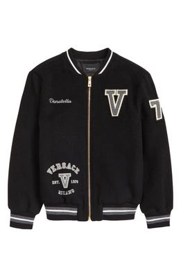Versace Kids' Versity Logo Patch Wool Blend Varsity Jacket in Nero Grigio
