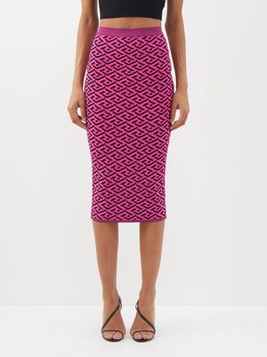 Versace - La Greca-jacquard Midi Skirt - Womens - Pink Print