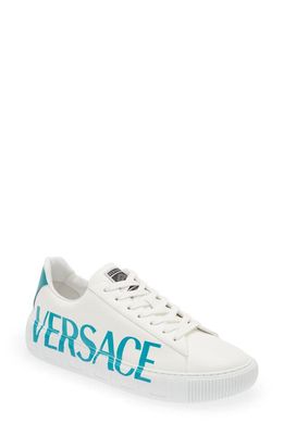 Versace La Greca Logo Low Top Sneaker in White/Teal