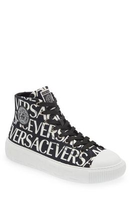 Versace La Greca Logo Print High Top Sneaker in Black/White/Palladium