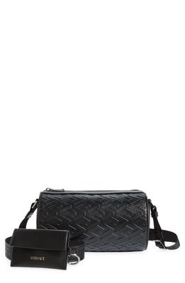 Versace La Greca Monogram Leather Barrel Crossbody Bag in Black