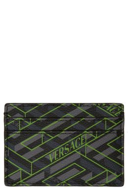 Versace La Greca Monogramme Faux Leather Card Case in Black/Grey/Lime