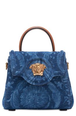 Versace La Medusa Barocco Denim Top Handle Bag in Blue/Camel/Versace Gold