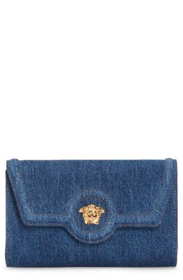 Versace La Medusa Denim Wallet on a Strap in Navy Blue-Versace Gold