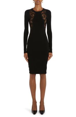 Versace Lace Inset Detail Long Sleeve Knit Dress in Black