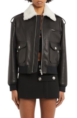 Versace Leather Bomber Jacket with Genuine Shearling Collar in 1B000 Black