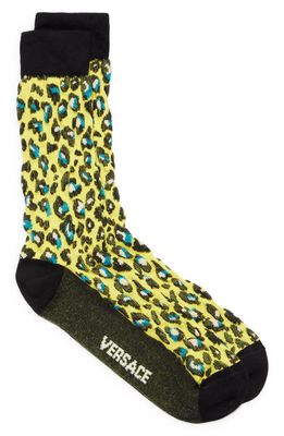 Versace Leopard Jacquard Logo Crew Socks in Acid Lime Multicolor