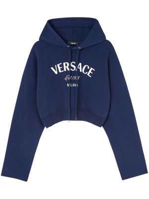 Versace logo-embroidered drawstring cropped hoodie - Blue