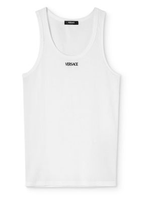 Versace logo-embroidered ribbed tank top - White