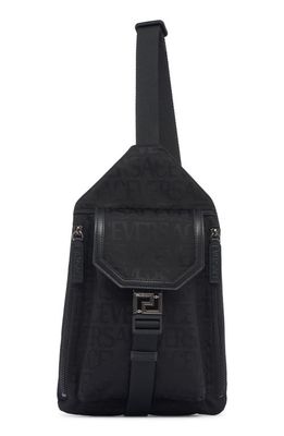 Versace Logo Jacquard Sling Crossbody Bag in Black-Ruthenium