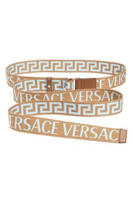 Versace Logo Jacquard Web Belt in Beige Light Blue Brown