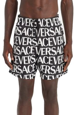 Versace Logo Print Swim Trunks in Black/White
