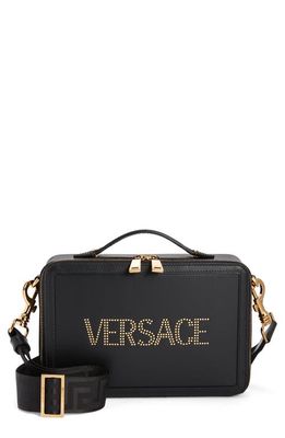 Versace Logo Studded Leather Messenger Bag in Nero/Gold