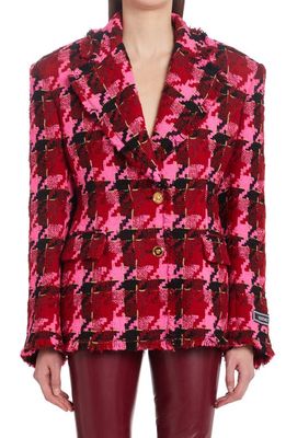 Versace Macro Check Single Breasted Virgin Wool Blend Tweed Blazer in Parade Red Fuchsia