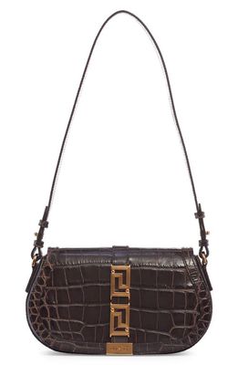 Versace Medium Greca Goddess Croc Embossed Leather Shoulder Bag in Chocolate Sorbet-Versace Gold