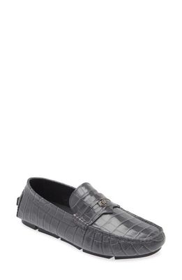 Versace Medusa Coin Croc Embossed Driving Shoe in Metal Rutenium