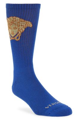 Versace Medusa Crew Socks in Blue/Gold