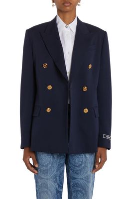 Versace Medusa Double Breasted Stretch Virgin Wool Blazer in Navy Blue