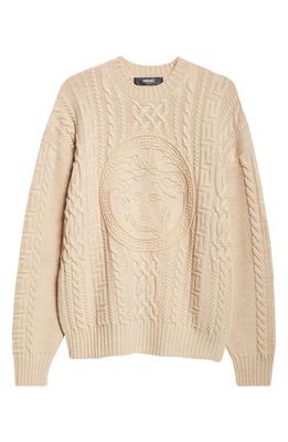 Versace Medusa Embroidered Cable Knit Virgin Wool Sweater in Sand