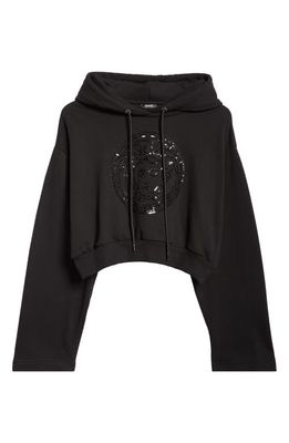 Versace Medusa Sequin Embellished Crop Cotton Hoodie in Black