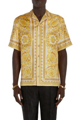 Versace Men's Barocco Print Silk Button-Up Shirt in Champagne
