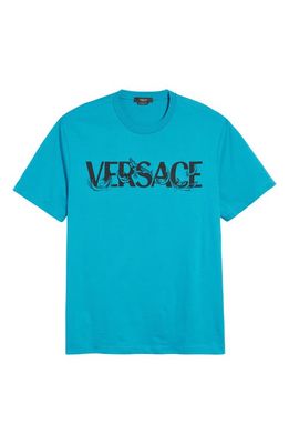 Versace Men's Fleur Embroidered Logo Graphic Tee in Iv830 Turquoise