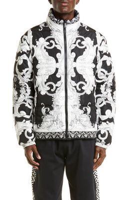 Versace Men's Silver Baroque Puffer Jacket in Black White