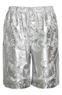 Versace Men's Silver Baroque Silk Shorts in Silver/Black