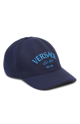 Versace Milano Embroidered Logo Virgin Wool & Nylon Baseball Cap in Navy Blue Desden Blue