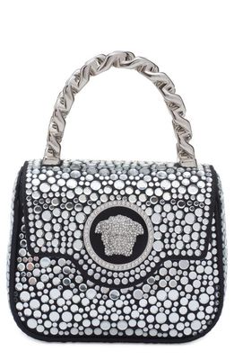 Versace Mini La Medusa Crystal Embellished Satin Top Handle Bag in Black/Crystal/Palladium