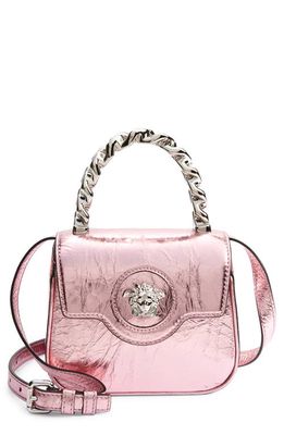 Versace Mini La Medusa Metallic Leather Top Handle Bag in Baby Pink New/Palladium