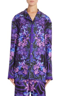 Versace Orchid Print Silk Twill Button-Up Shirt in Black Orchid