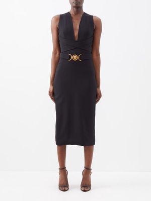 Versace - Plunge-front Crepe Midi Dress - Womens - Black