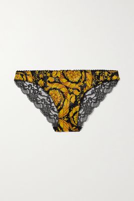 Versace - Printed Stretch-mesh And Lace Briefs - Brown