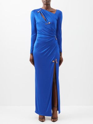 Versace - Safety-pin Cutout Side-slit Jersey Gown - Womens - Blue