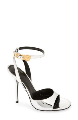 Versace Safety Pin Metallic Ankle Strap Sandal in Silver
