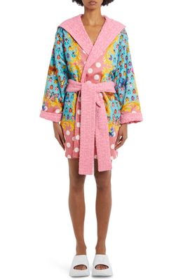 Versace Short Cotton Hooded Robe in 6P790 Flamingo Multicolor