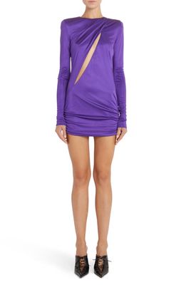 Versace Slash Ruched Long Sleeve Jersey Minidress in Bright Dark Orchid