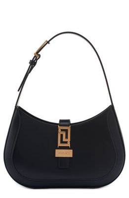 Versace Small Greca Leather Hobo Bag in Black/Versace Gold