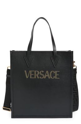 Versace Stud Logo Leather Tote in Nero/Gold