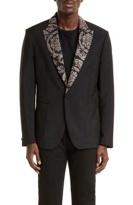 Versace Studded Lapel Mohair & Virgin Wool Tuxedo Jacket in Black/Silver