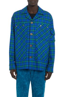 Versace Tartan Print Wool Blend Flannel Shirt Jacket in 2Uk00-Cobat Green