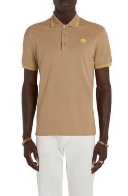 Versace Tipped Embroidered Medusa Cotton Piqué Polo in Sand