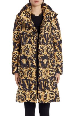 Versace V-Barocco Print Down Puffer Coat in Black/gold