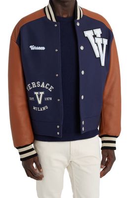 Versace V Patch Colorblock Snap Front Leather Sleeve Varsity Jacket in Toffee/Bianco