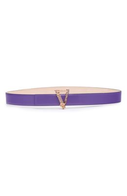 Versace Virtus Crystal Buckle Leather Belt in Dark Orchid-Versace Gold