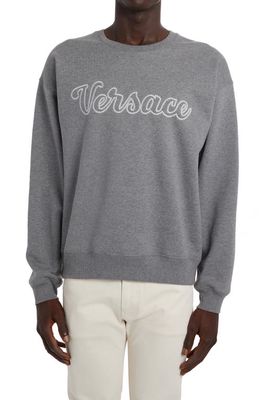 Versace Whipstitch Varsity Logo Fleece Lined Cotton Sweatshirt in Medium Grey Melange