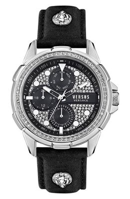 VERSUS Versace 6E Arrondissement Crystal Multifunction Leather Strap Watch, 46mm in Stainless Steel/Black 