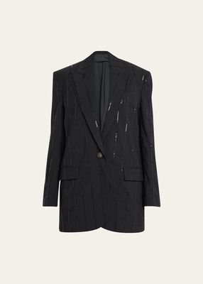 Vertical Beaded Pinstripe Wool Blazer Jacket